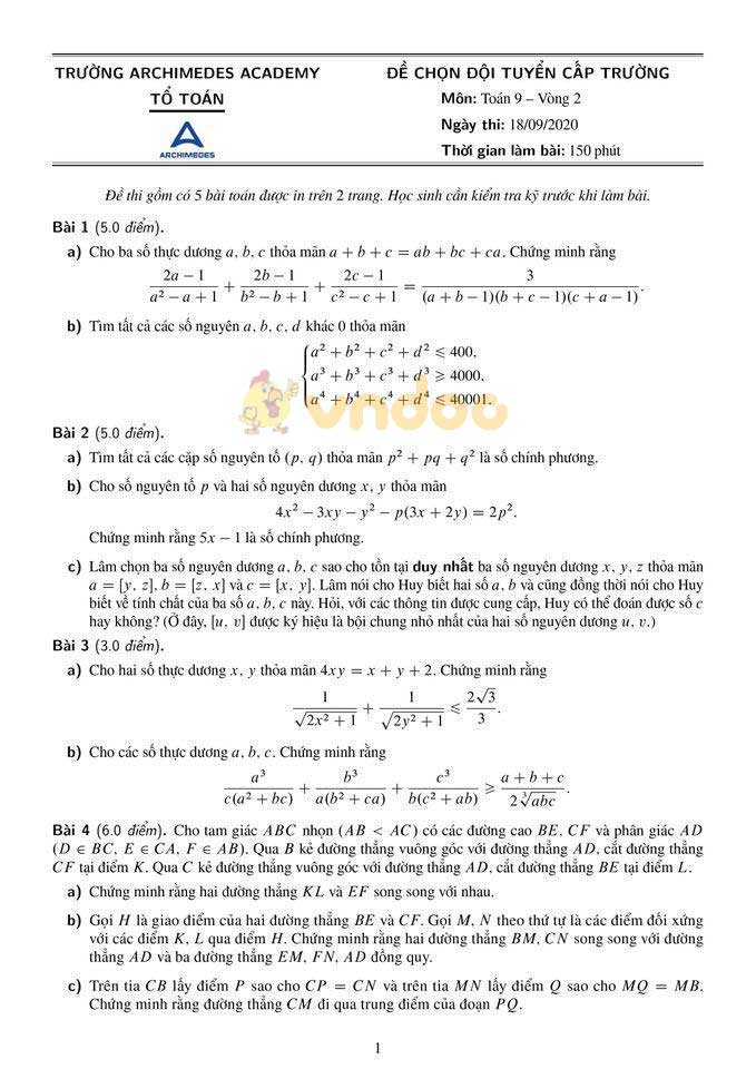 Đề thi chọn học sinh giỏi lớp 9 môn Toán Trường THCS Archimedes năm 2020 - 2021 (vòng 2)