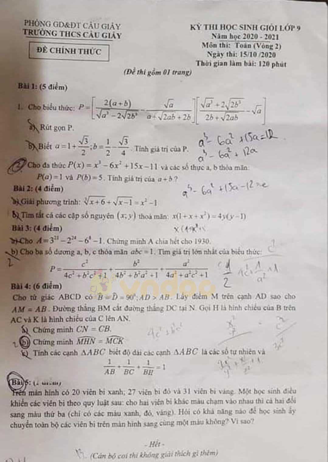 Đề thi chọn học sinh giỏi lớp 9 môn Toán Trường THCS Cầu Giấy năm 2020 - 2021 (vòng 2)