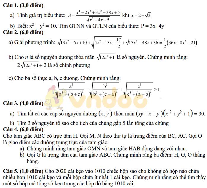 Đề thi chọn học sinh giỏi lớp 9 môn Toán Trường THCS Kim Sơn năm 2020 - 2021