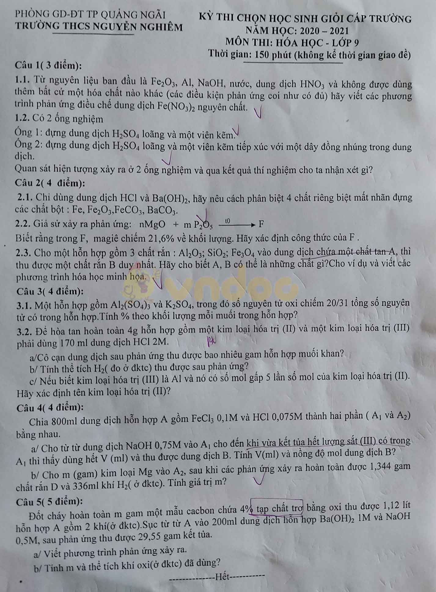 Đề thi chọn học sinh giỏi lớp 9 môn Hóa học Trường THCS Nguyễn Nghiêm, Quảng Ngãi năm 2020 - 2021