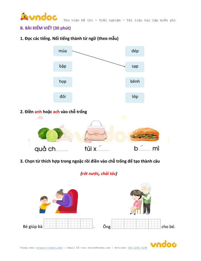 Đề thi học kì 1 lớp 1 môn Tiếng Việt năm 2020-2021 sách Cùng học - Đề 1
