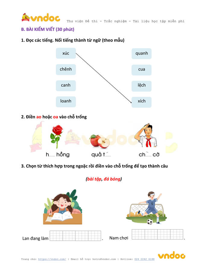 Đề thi học kì 1 lớp 1 môn Tiếng Việt năm 2020-2021 sách Cùng học - Đề 2