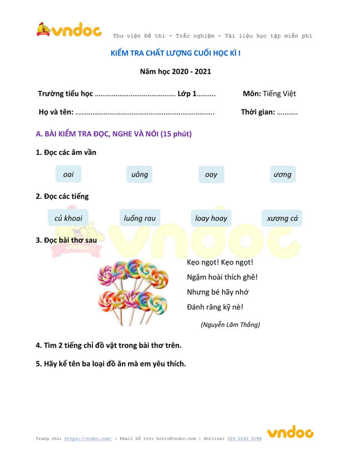 Đề thi học kì 1 lớp 1 môn Tiếng Việt năm 2020-2021 sách Cùng học - Đề 3