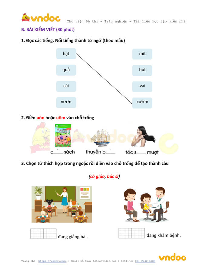 Đề thi học kì 1 lớp 1 môn Tiếng Việt năm 2020-2021 sách Cùng học - Đề 3