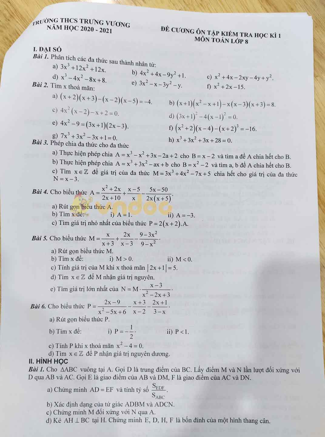 Đề cương ôn thi học kì 1 lớp 8 môn Toán Trường THCS Trưng Vương năm 2020 - 2021