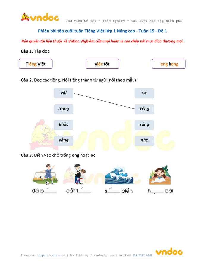 Phiếu bài tập cuối tuần Tiếng Việt lớp 1 Nâng cao - Tuần 15 - Đề 1