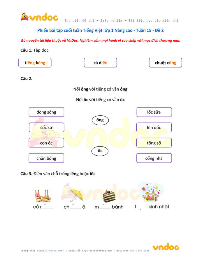 Phiếu bài tập cuối tuần Tiếng Việt lớp 1 Nâng cao - Tuần 15 - Đề 2