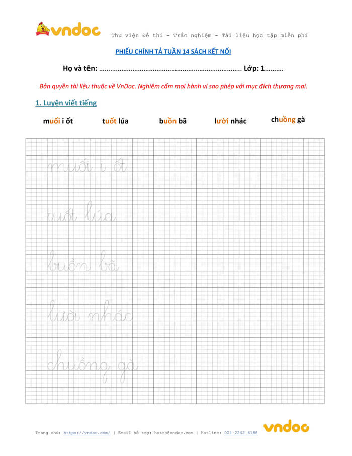 Phiếu chính tả lớp 1 tuần 14 sách Kết nối