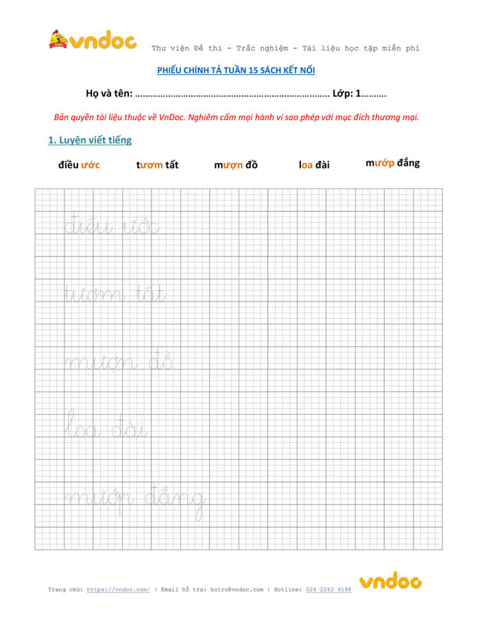 Phiếu chính tả lớp 1 tuần 15 sách Kết nối