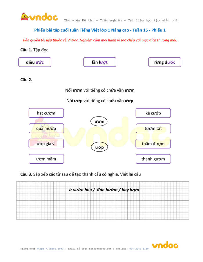 Phiếu bài tập cuối tuần Tiếng Việt lớp 1 Nâng cao - Tuần 15 - Phiếu 1