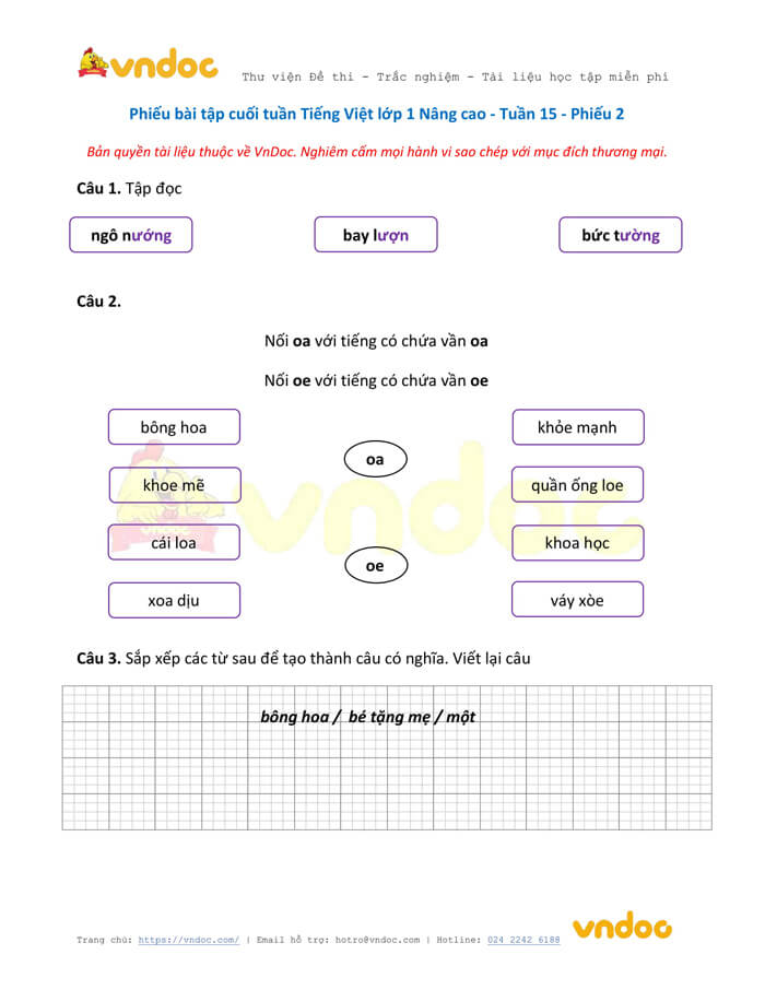 Phiếu bài tập cuối tuần Tiếng Việt lớp 1 Nâng cao - Tuần 15 - Phiếu 2