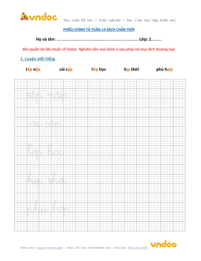 Phiếu chính tả lớp 1 tuần 14 sách Chân trời