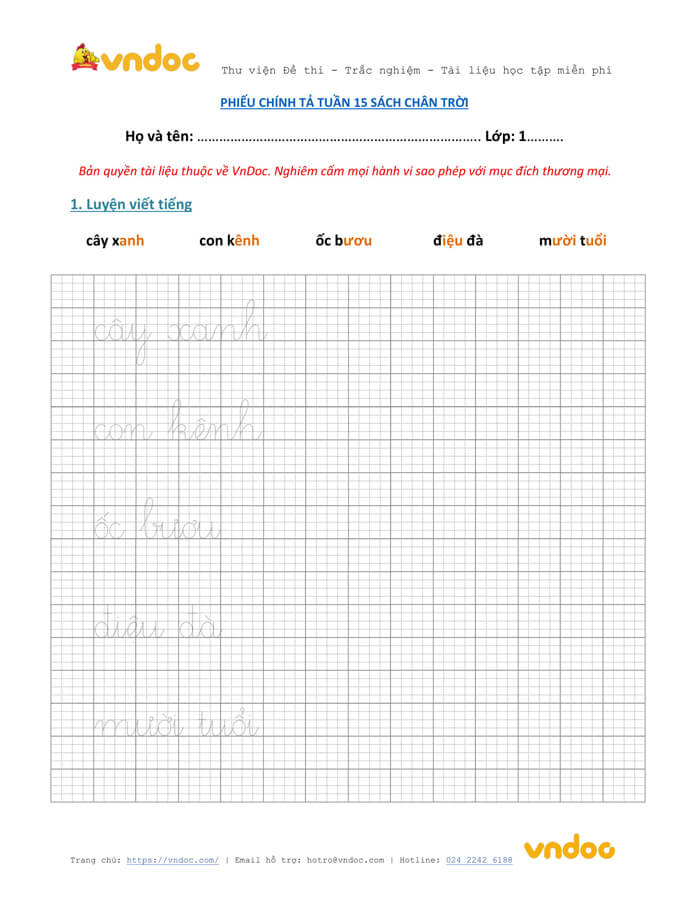 Phiếu chính tả lớp 1 tuần 15 sách Chân trời
