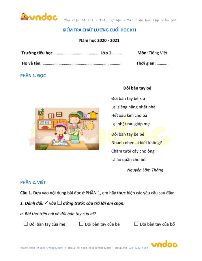 Đề thi học kì 1 lớp 1 môn Tiếng Việt năm 2020-2021 sách Vì sự bình đẳng - Đề 1