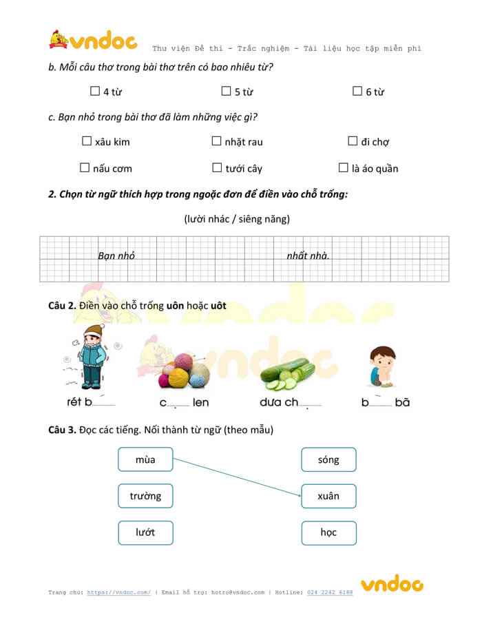 Đề thi học kì 1 lớp 1 môn Tiếng Việt năm 2020-2021 sách Vì sự bình đẳng - Đề 1