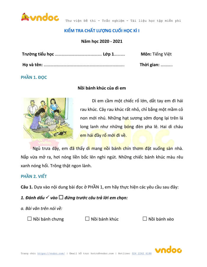 Đề thi học kì 1 lớp 1 môn Tiếng Việt năm 2020-2021 sách Vì sự bình đẳng - Đề 2