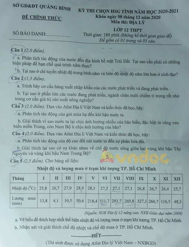 Đề thi hsg Địa 12 năm 2020 tỉnh Quảng Bình