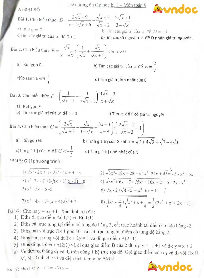 Đề cương ôn thi học kì 1 lớp 9 môn toán Trường THCS Nguyễn Văn Huyên năm 2020 - 2021