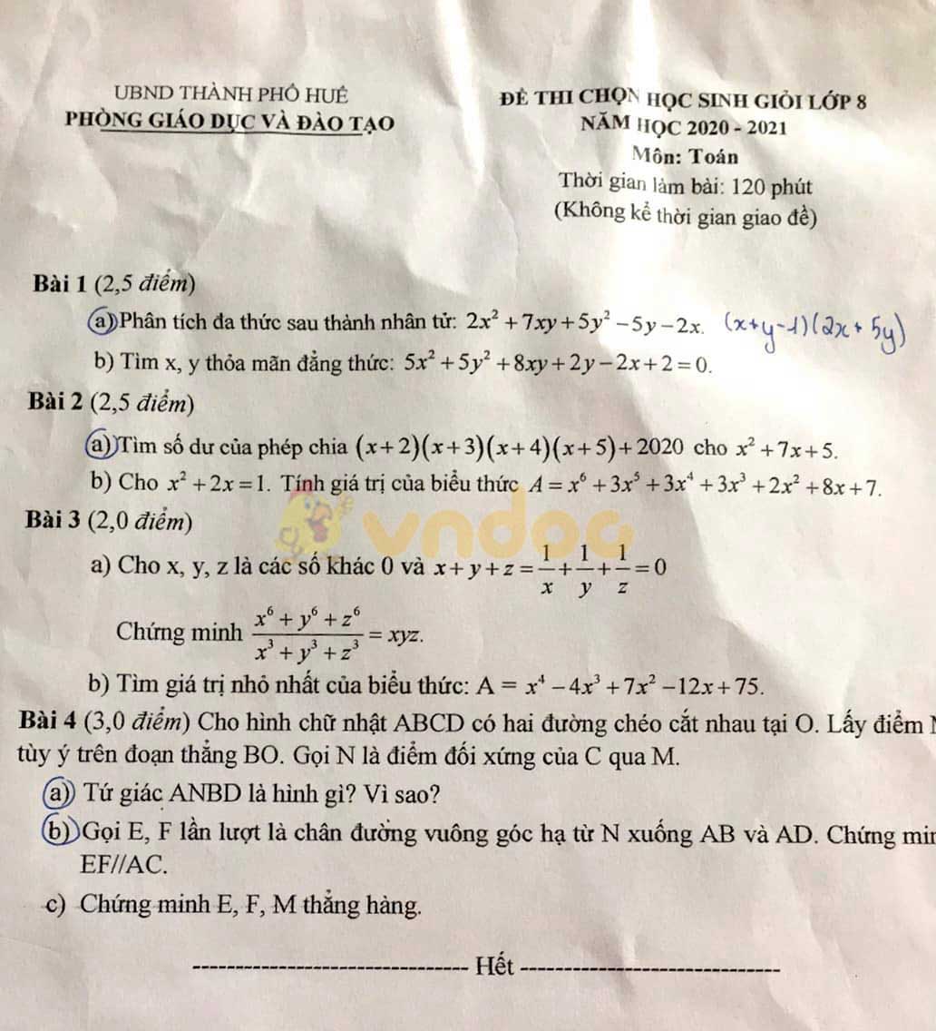 Đề thi học sinh giỏi lớp 8 môn Toán Phòng GD&ĐT TP Huế năm 2020 - 2021