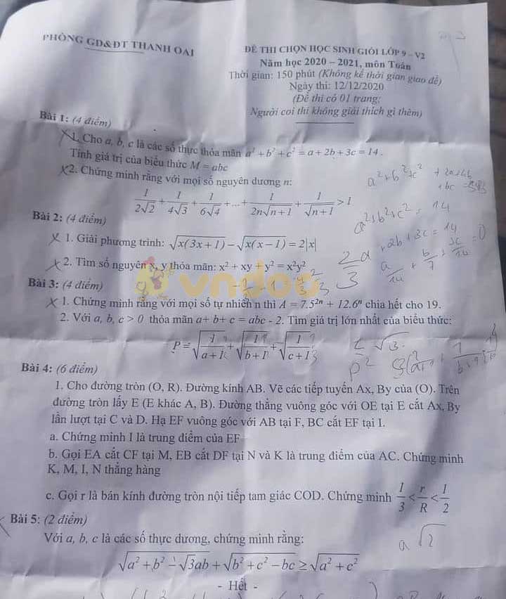 Đề thi chọn học sinh giỏi lớp 9 môn Toán Phòng GD&ĐT Thanh Oai năm 2020 - 2021 (V2)