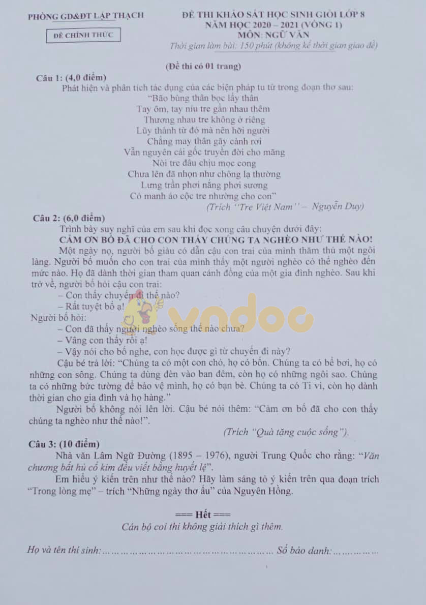 Đề thi học sinh giỏi lớp 8 môn Ngữ văn Phòng GD&ĐT Lập Thạch năm học 2020 - 2021 (vòng 1)