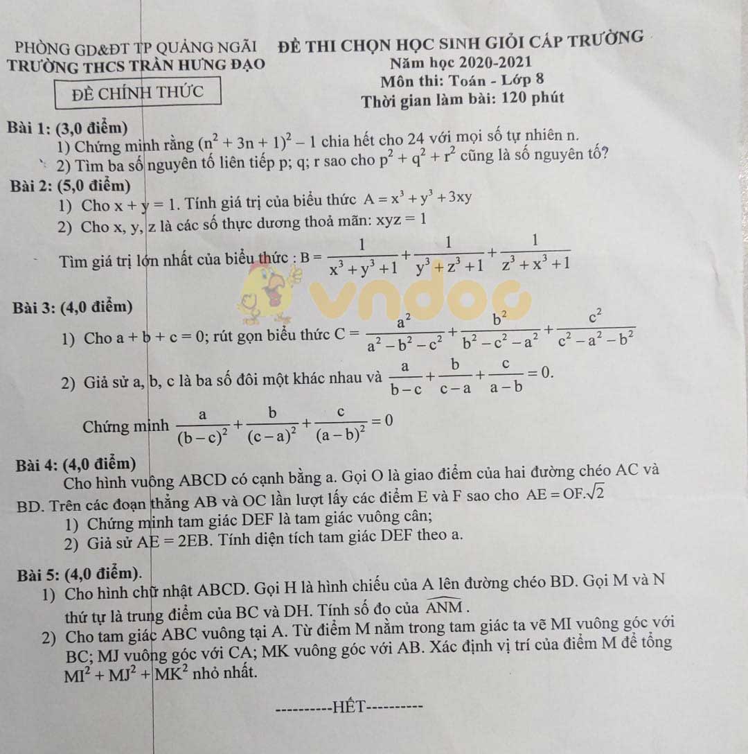 Đề thi học sinh giỏi lớp 8 môn Toán Trường THCS Trần Hưng Đạo, Quảng Ngãi năm 2020 - 2021