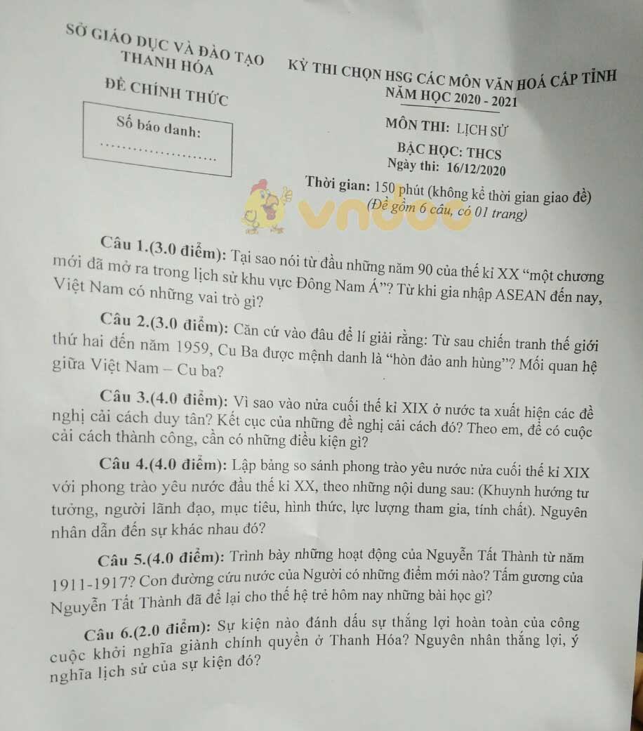 Đề thi chọn học sinh giỏi lớp 9 môn Lịch sử Sở GD&ĐT Thanh Hóa năm 2020 - 2021