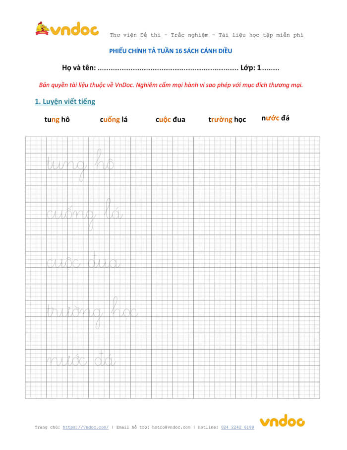 Phiếu chính tả lớp 1 tuần 16 sách Cánh Diều