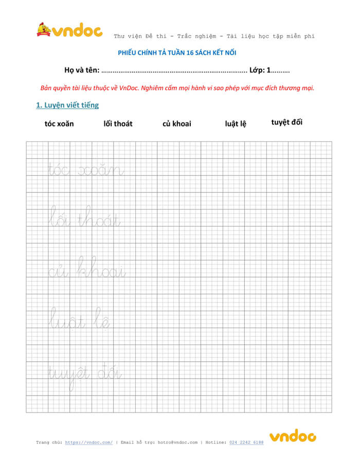 Phiếu chính tả lớp 1 tuần 16 sách Kết nối