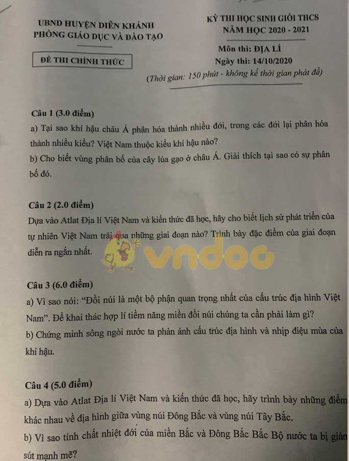 Đề thi chọn học sinh giỏi lớp 9 môn Địa lý Phòng GD&ĐT huyện Diên Khánh năm 2020 - 2021