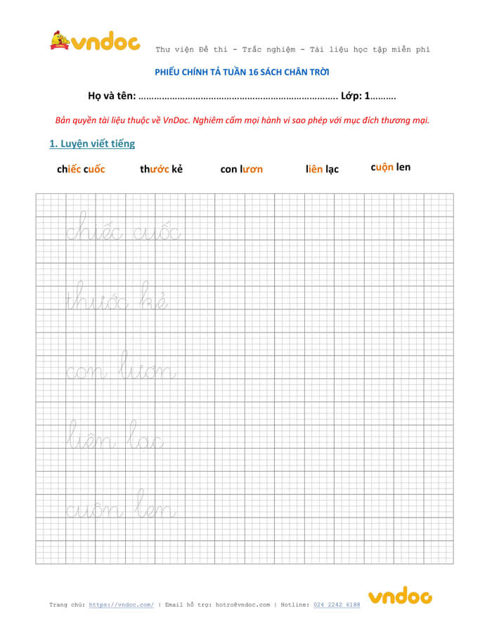 Phiếu chính tả lớp 1 tuần 16 sách Chân trời