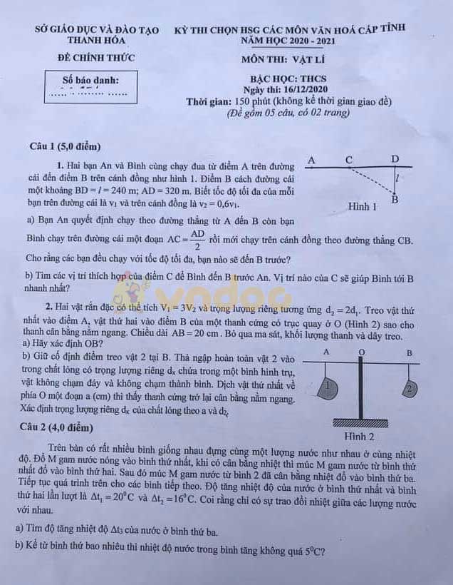 Đề thi chọn học sinh giỏi lớp 9 môn Vật lý Sở GD&ĐT Thanh Hóa năm 2020