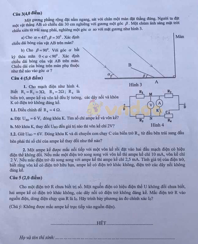 Đề thi chọn học sinh giỏi lớp 9 môn Vật lý Sở GD&ĐT Thanh Hóa năm 2020