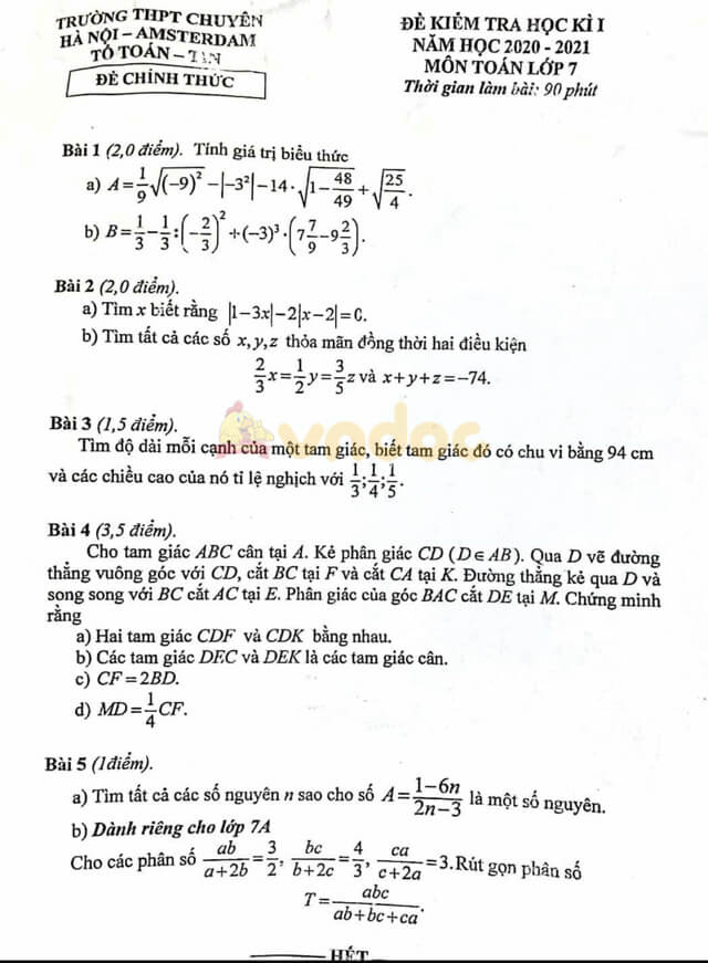 Đề thi học kì 1 lớp 7 môn Toán