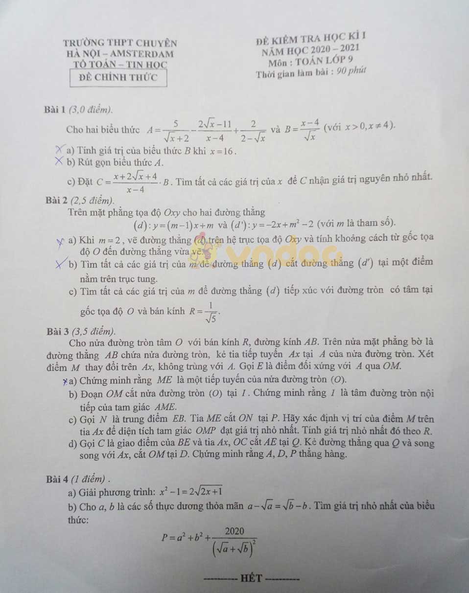 Đề thi học kì 1 Toán 9 Trường Chuyên Hà Nội Amsterdam năm 2020 - 2021