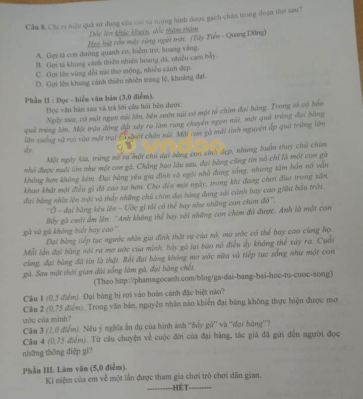 Đề thi học kì 1 Văn 8 Sở GD&ĐT Nam Định năm 2020 - 2021
