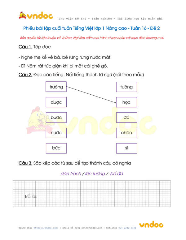 Phiếu bài tập cuối tuần Tiếng Việt lớp 1 Nâng cao - Tuần 16 - Đề 2