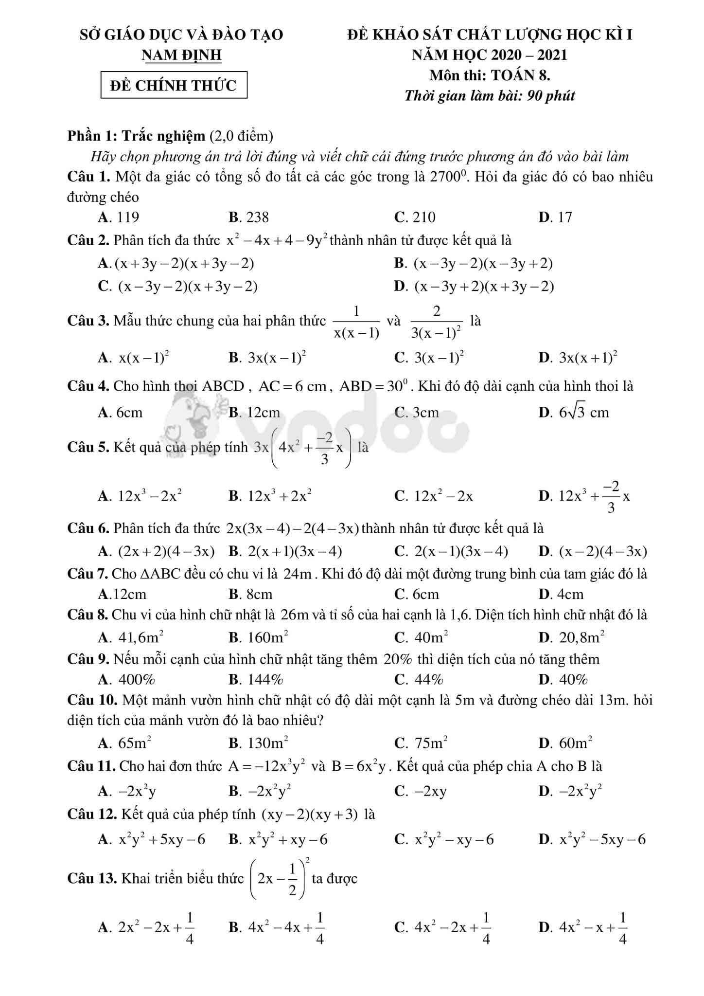 Đề thi học kì 1 Toán 8 Sở GD&ĐT Nam Định năm học 2020 - 2021