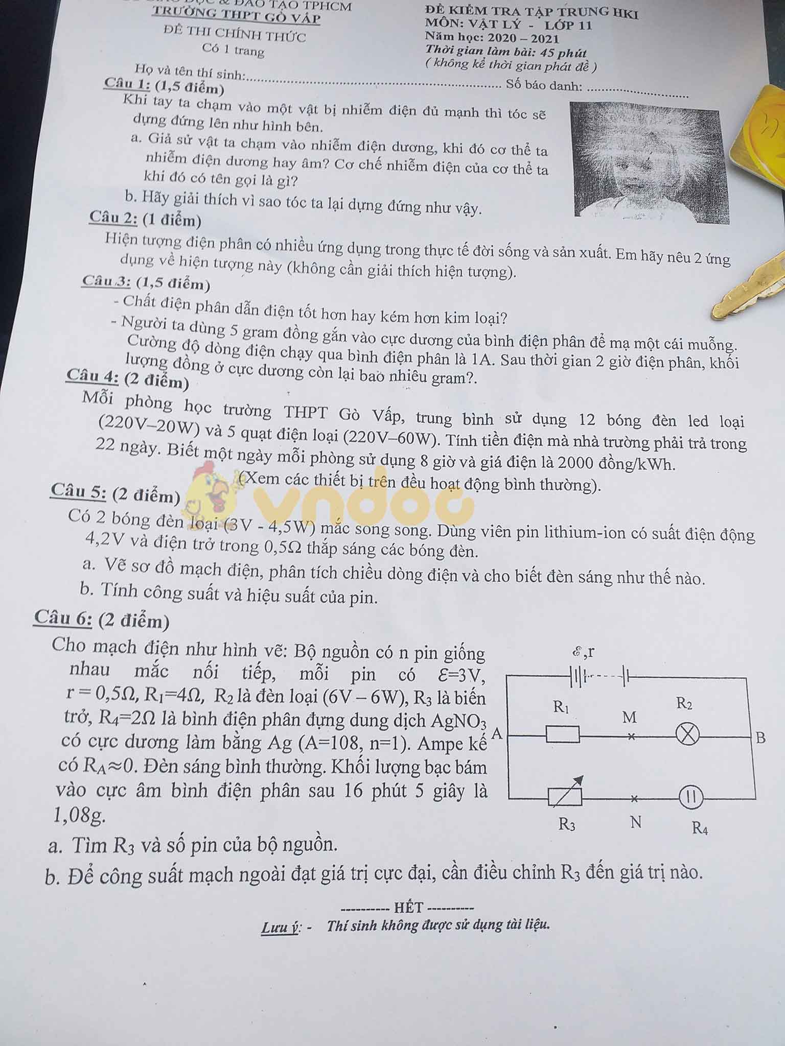 Đề thi Vật lý 11 học kì 1 Trường THPT Gò Vấp, TPHCM năm 2020 - 2021