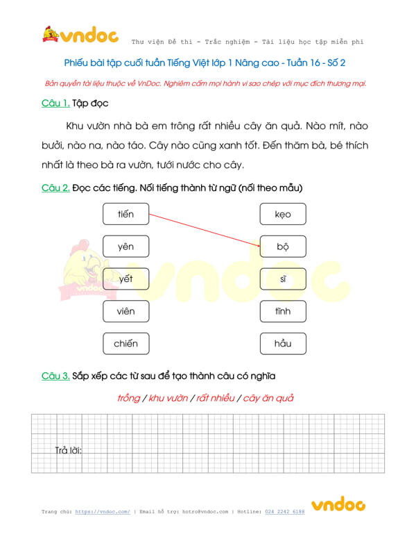 Phiếu bài tập cuối tuần Tiếng Việt lớp 1 Nâng cao - Tuần 16 - Số 2
