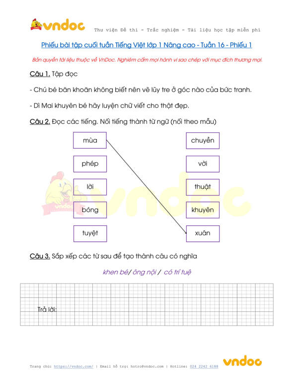 Phiếu bài tập cuối tuần Tiếng Việt lớp 1 Nâng cao - Tuần 16 - Phiếu 1
