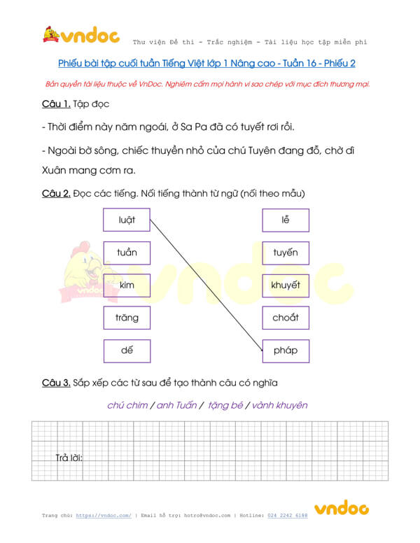 Phiếu bài tập cuối tuần Tiếng Việt lớp 1 Nâng cao - Tuần 16 - Phiếu 2