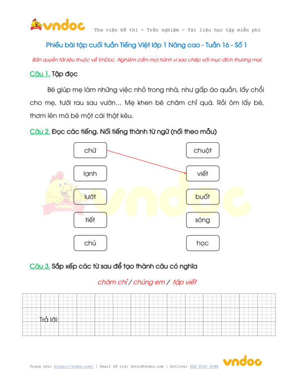 Phiếu bài tập cuối tuần Tiếng Việt lớp 1 Nâng cao - Tuần 16 - Số 1