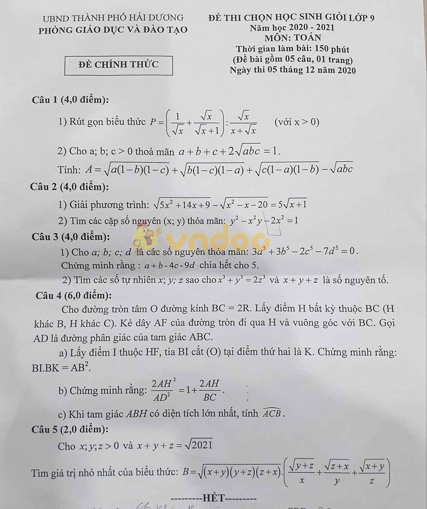 Đề thi chọn học sinh giỏi lớp 9 môn Toán Phòng GD&ĐT TP Hải Dương năm 2020 - 2021
