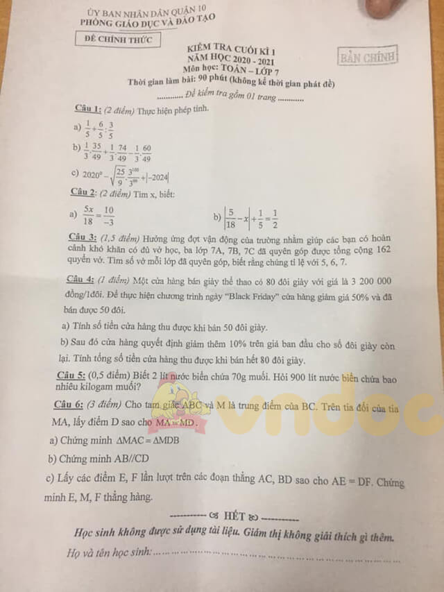 Đề thi học kì 1 lớp 7 môn Toán