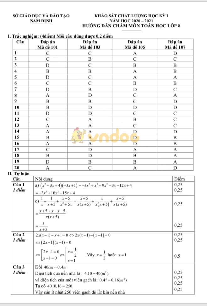 Đề thi học kì 1 Toán 8 Sở GD&ĐT Nam Định năm học 2020 - 2021