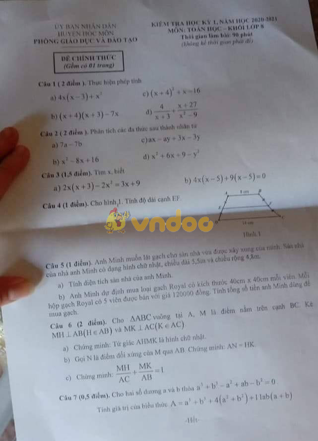 Đề thi học kì 1 Toán 9 Phòng GD&ĐT huyện Hóc Môn năm 2020 - 2021