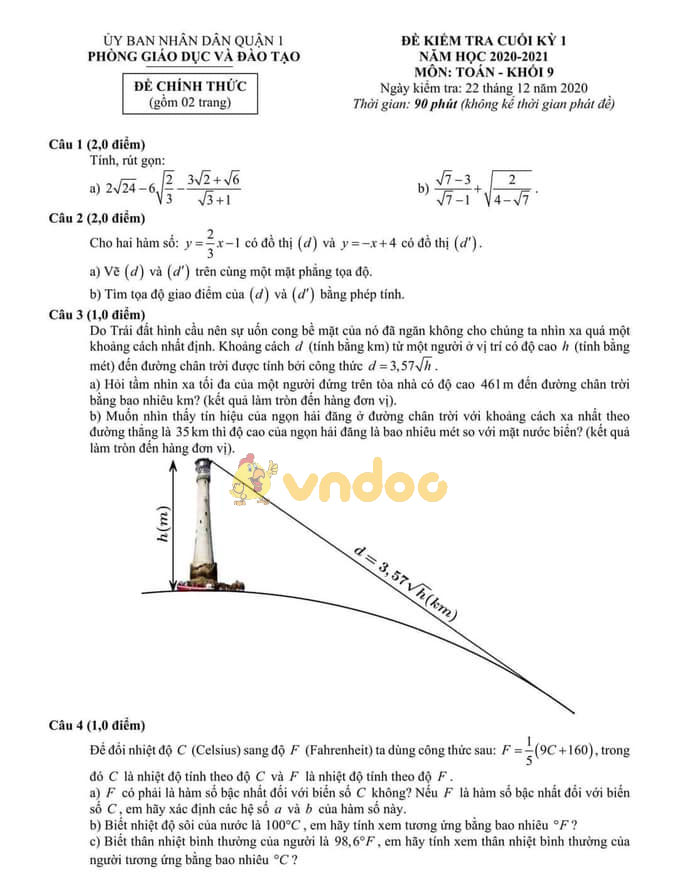 Đề thi học kì 1 Toán 9 Phòng GD&ĐT Quận 1 năm 2020 - 2021