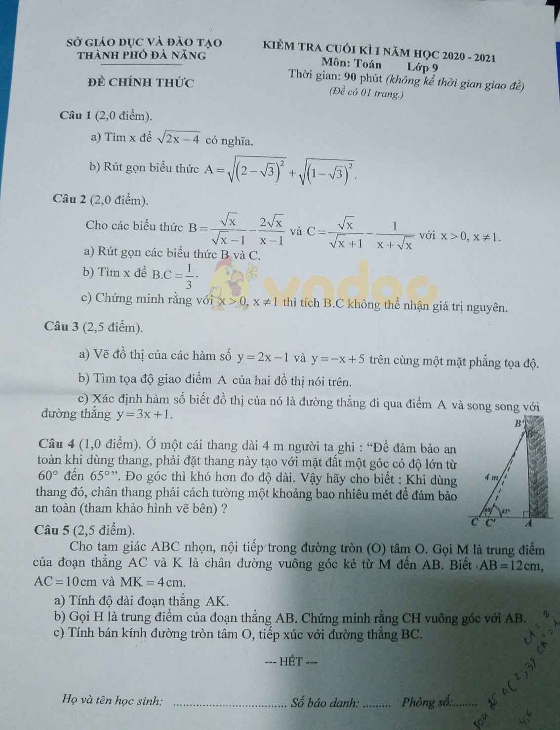 Đề thi học kì 1 Toán 9 Sở GD&ĐT Đà Nẵng năm 2020 - 2021