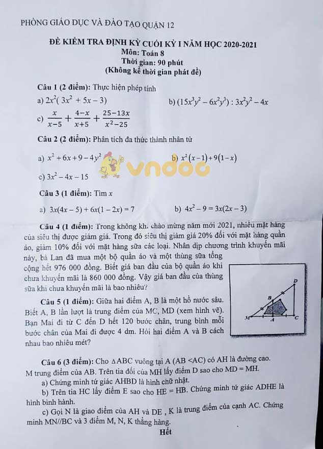 Đề thi học kì 1 Toán 8 Phòng GD&ĐT Quận 12 năm 2020 - 2021